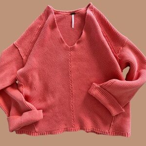 Free People V Neck Sweater in Coral color